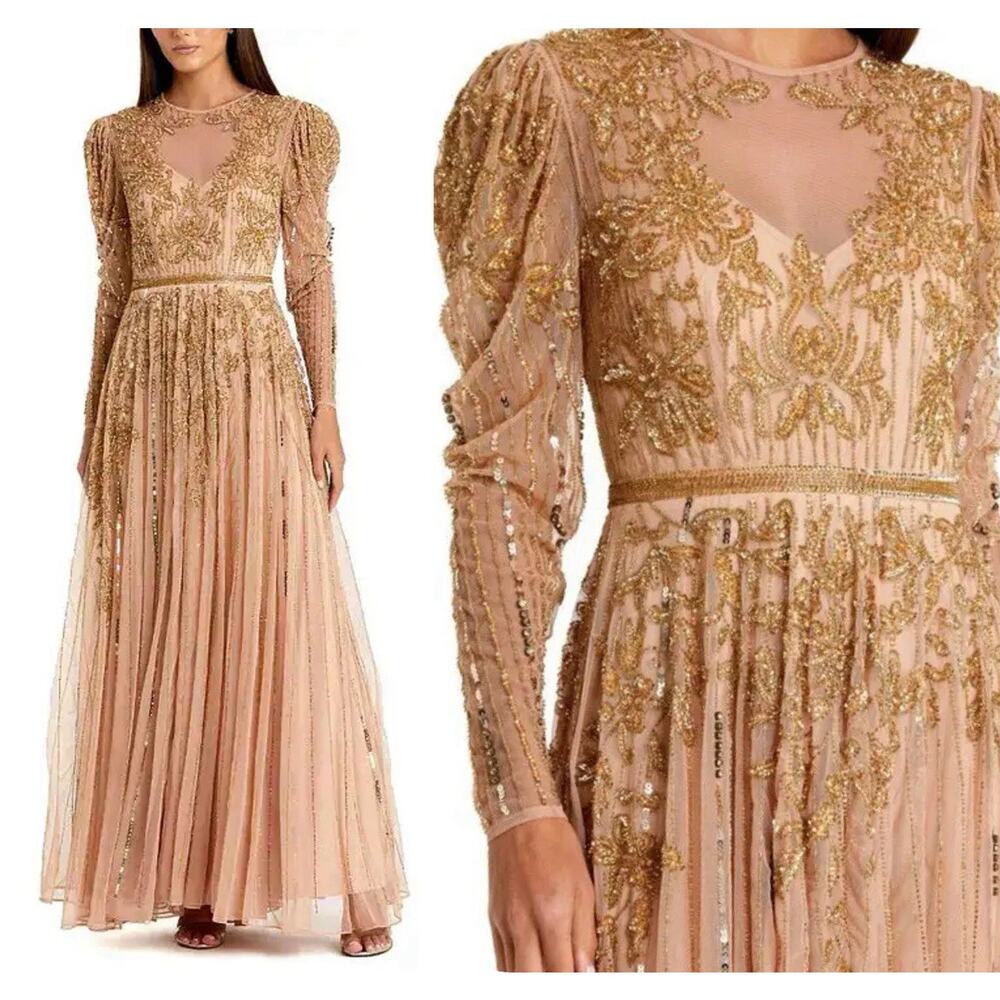 Mac Duggal 93638 Beaded Floral Illusion Gown Size 16 Long Puff Sleeve Gold NWT